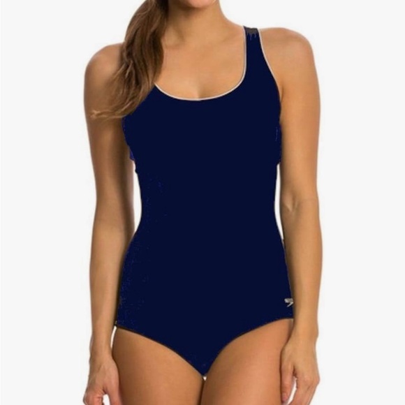 Speedo Women's One Piece Swimsuit, Keyhole Racerback, Moderate Cut Contrast Trim - Picture 1 of 8